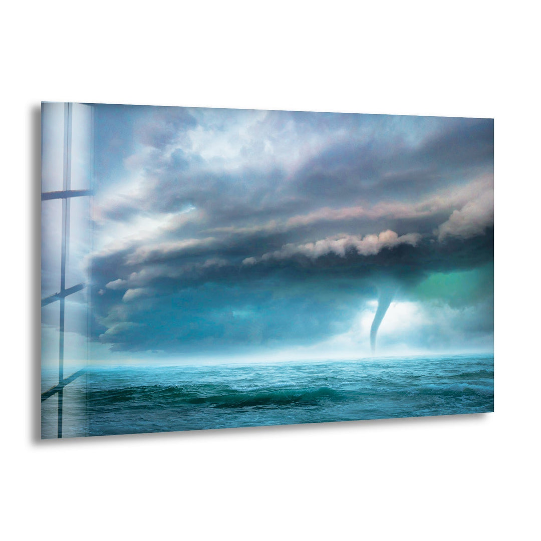 A dramatic storm brewing over the ocean with a powerful waterspout.
