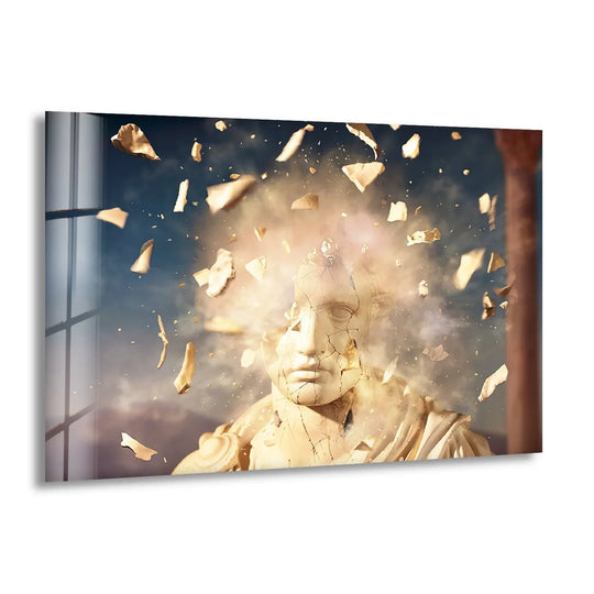 Exploding marble sculpture with a misty, ethereal glow as glass wall art decor.