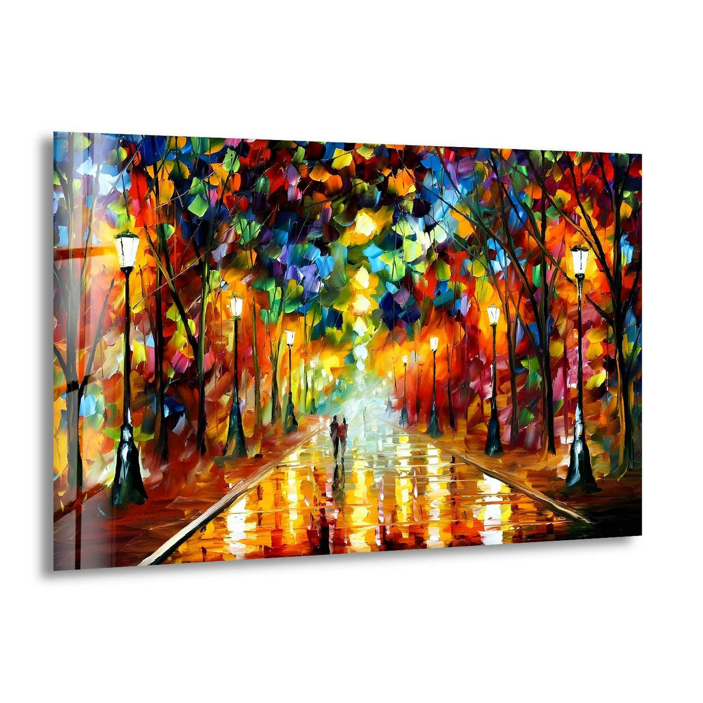 Rectangular glass wall artwork capturing a vibrant, impressionistic park scene with a couple walking under colorful trees and glowing lamplight.