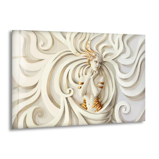 Swirling, ethereal white and gold abstract background art on tempered glass wall art with a subtle textured finish.