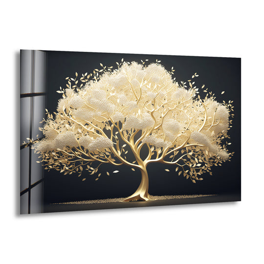 The elegant golden serenity tree with delicate foliage and lustrous leaves, beautifully depicted in a glass art painting.