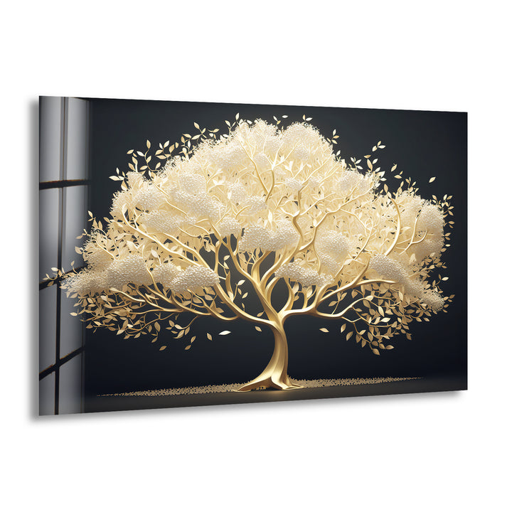The elegant golden serenity tree with delicate foliage and lustrous leaves, beautifully depicted in a glass art painting.