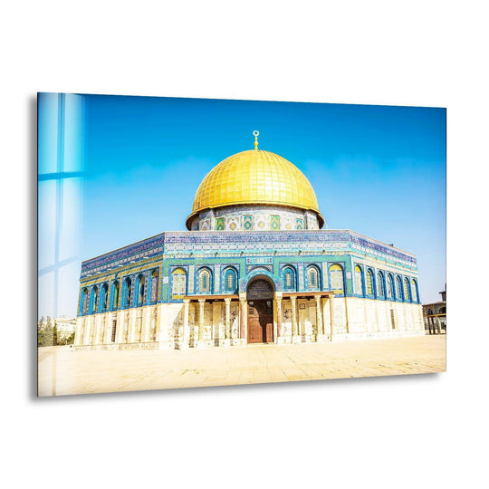 Religion Islamic Decor Dome of the Rock glass wall art golden domed and blue design brings the spiritual beauty plus Islamic wall decor