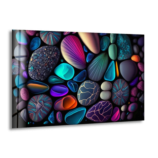 Colorful zen stones spa decor glass wall artwork presents a layered arrangement of smooth, vibrant, and textured pebbles.
