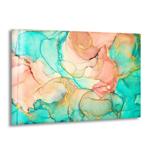 Abstract turquoise alcohol ink swirls with detailed gold accents create a mesmerizing texture on this best glass art.