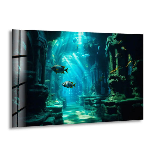 Ocean algae glass wall art features underwater animal artwork and marine algae painting and brings ocean life beauty in calming blue and green tones