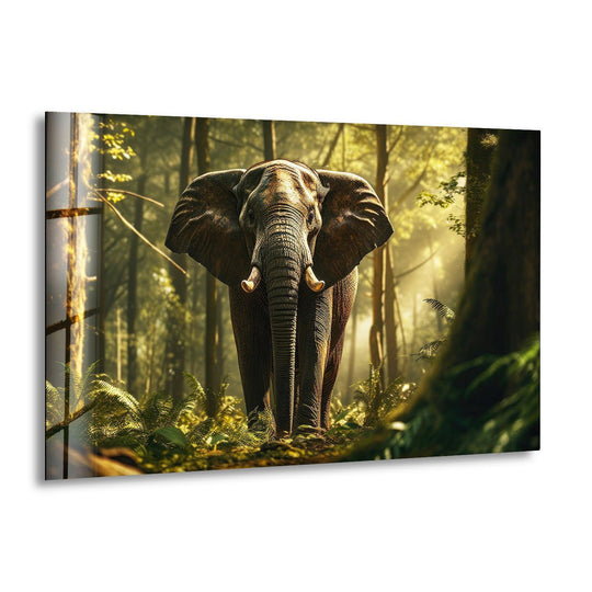 Elephant in The Forest glass wall art shows a gray elephant and lush forest wildlife decor made of tempered glass and offers timeless elegance
