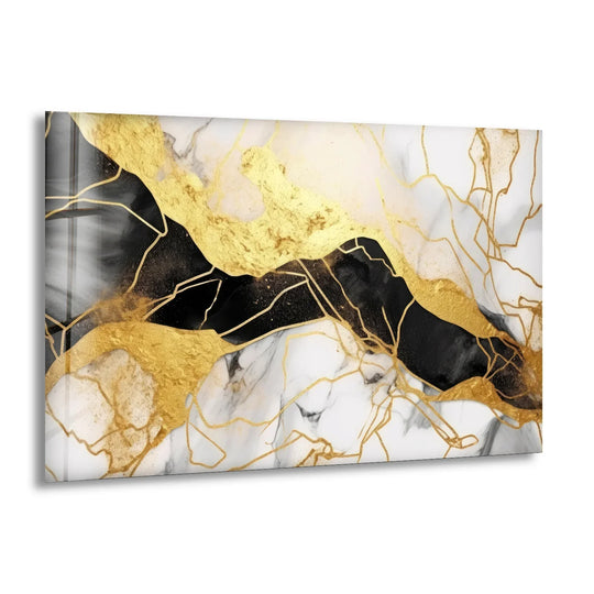 Luxurious black and gold abstract decorative wall art with veins of gold across a marble-like background.