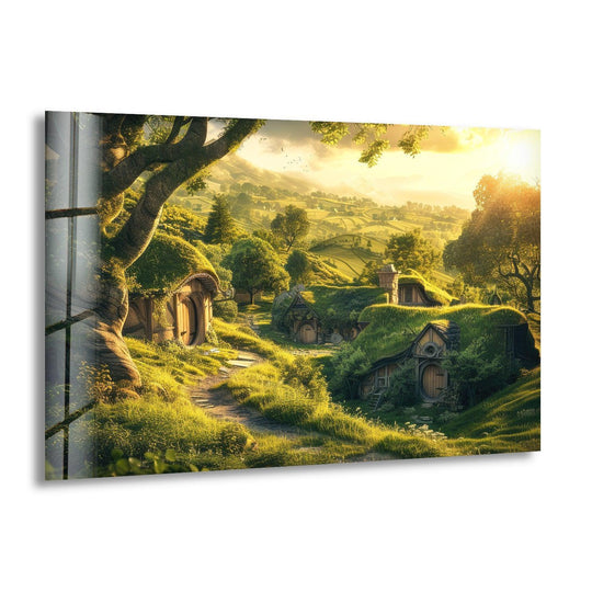 Beyond the fantasy cottage village, the background features a radiant hillside landscape as seen in this sunlit, tempered glass wall art.