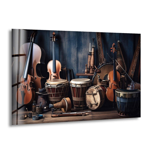 Rich contrast highlights warm wood instruments against a deep navy background in this hanging wall art.