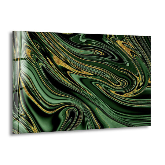 Horizontal abstract art from glass with swirling black, green, and gold marble patterns.