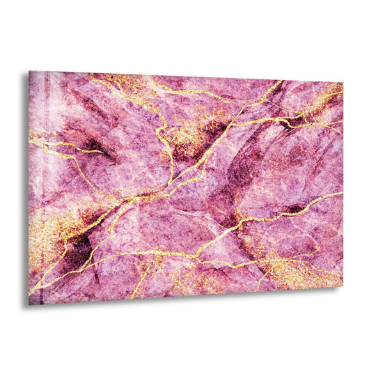 An abstract pink marble with gold glitter glass wall art prints, featuring intricate veins and shimmering particles.