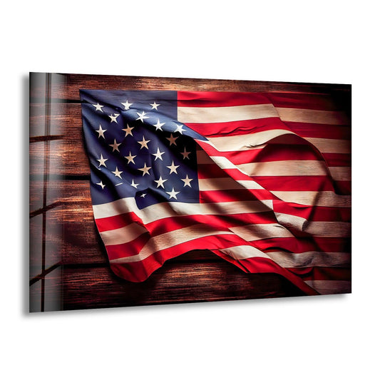 US flag glass wall art featuring a patriotic design with vibrant colors on a rustic wooden background, showcasing the art from glass finish.