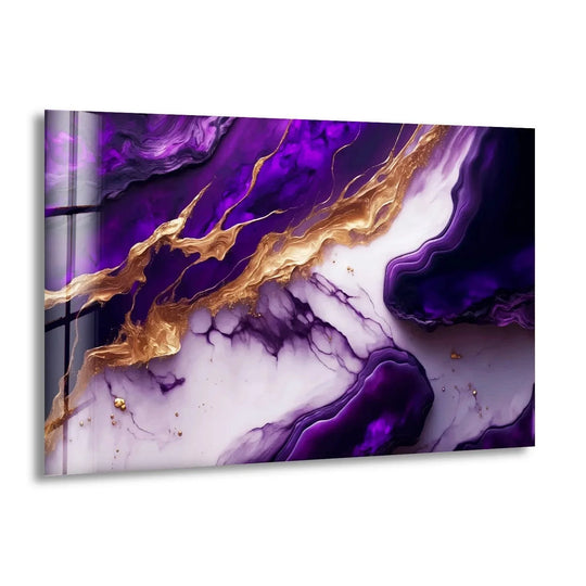 Purple and gold abstract alcohol ink wall art prints swirl and flow, casting subtle shadows and highlighting the luminous glass.