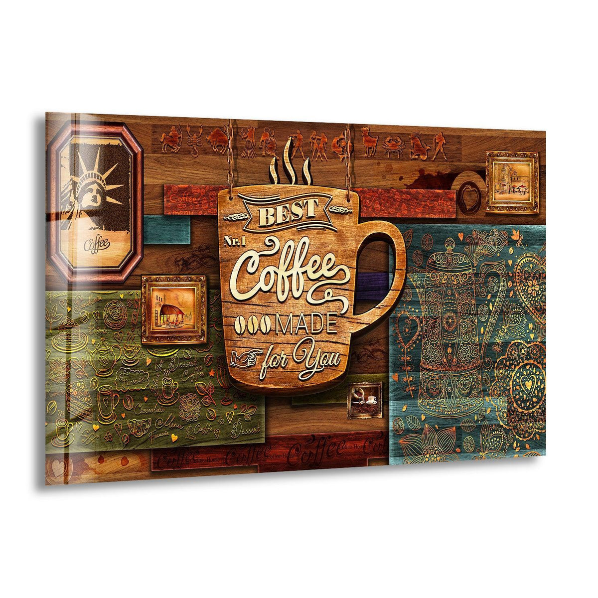 Subtle light and shadow accentuate the vintage details of the time of coffee glass wall art, making it one of the best glass art pieces for the kitchen.