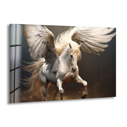A majestic winged horse is captured in negative space, a striking glass art painting.