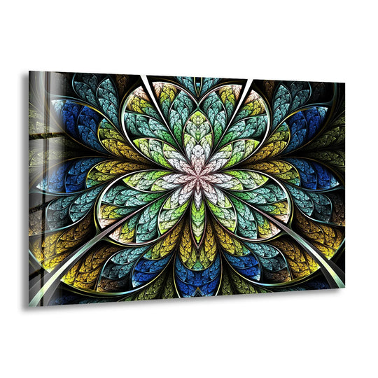 Reflected light dances across this abstract blue fractal flower glass wall art, creating dramatic shadows within its intricate patterns, a stunning home decor piece.