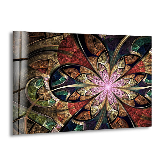 A decorative brown fractal abstract design showcases the glossy, reflective finish of this stunning glass art.