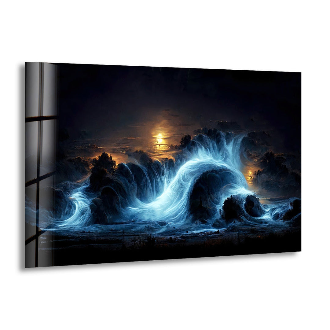Dramatic moonlit ocean storm with towering waves, printed on glass wall art.
