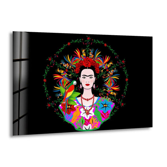 Vibrant portrait of Frida Kahlo on glass wall art, showcasing the highest quality glass art with 8K UV printing.