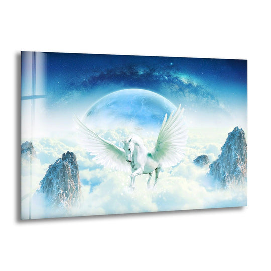 Showing the stunning layering effect, this pegasus mythology art from glass panel depicts a winged horse soaring among ethereal clouds, mountains, and a celestial sky.