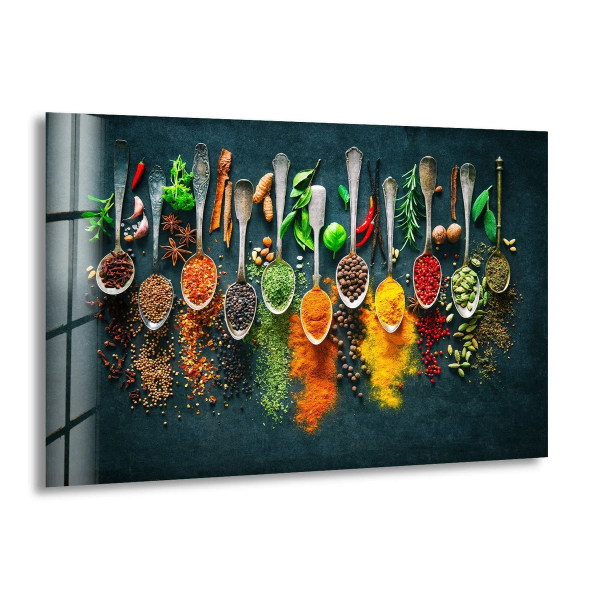 Featuring warm and cool tones, the Spoon Spices hanging wall art presents a spectrum of color temperatures through vibrant spices displayed on spoons.