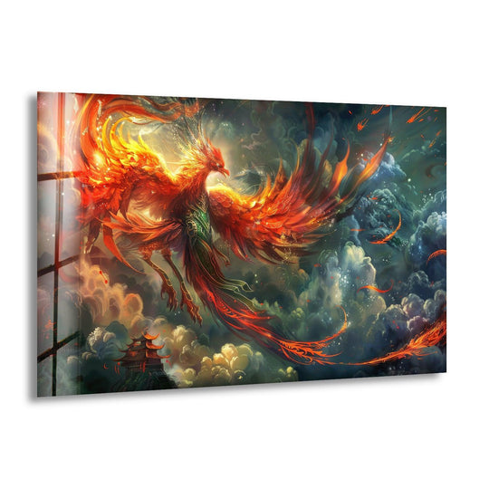 Chinese Phoenix glass wall art shows a vibrant firebird design and colorful phoenix art with fantasy bird and animal themes for vibrant wall decor