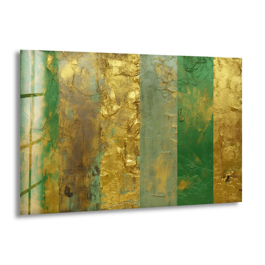 Stripes of opulent gold and deep green transition across this striking home decor glass wall art.