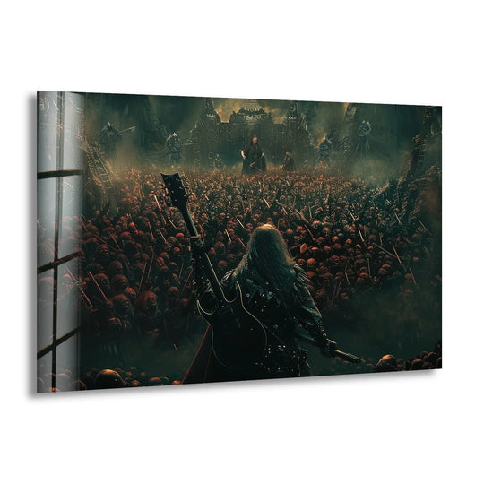 A heavy metal guitarist unleashes a deafening performance in this intense wall art print amidst a roaring, skeletal crowd.