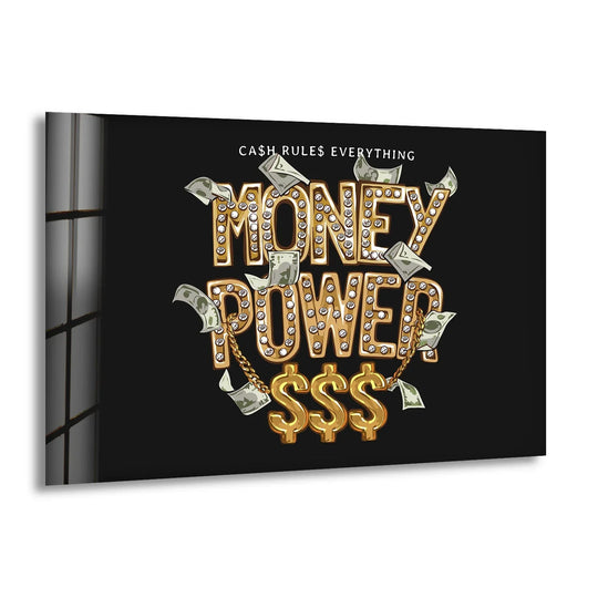 Abstract tempered glass wall art depicts bold gold lettering spelling 'MONEY POWER' surrounded by falling dollar bills and shimmering jewels.