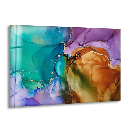 A swirling, vibrant abstract pattern in shades of emerald, amethyst, and warm earth tones adorns this striking glass wall artwork.