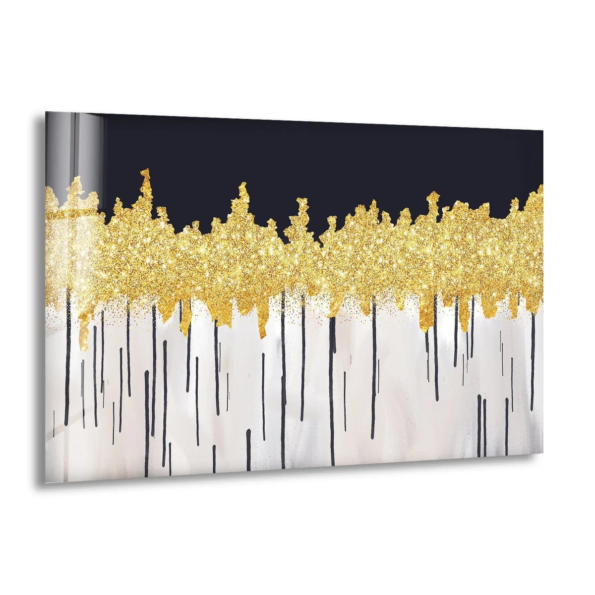 Shimmering golden glitter with soft wisps of black paint drips adorns this abstract glass decorative wall art.