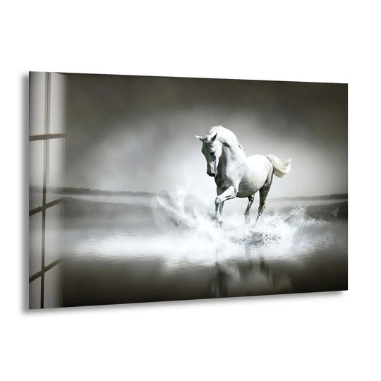 Animal glass wall art featuring a white horse and 8k UV printing for graceful horse wall art and elegant wildlife painting