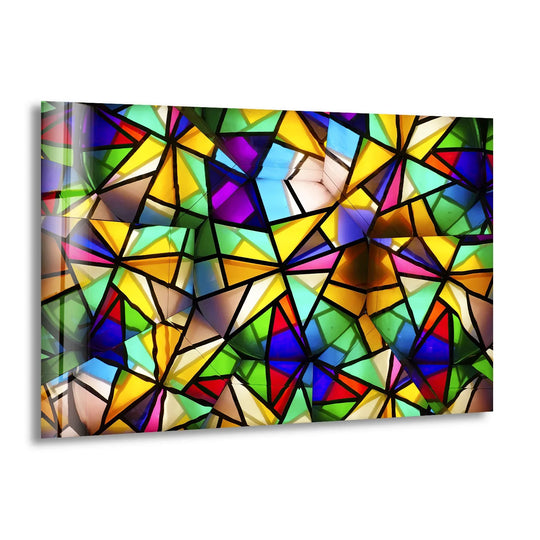 Prism Glow abstract glass wall art showcases a vibrant geometric pattern with a glossy finish, representing the best glass art.
