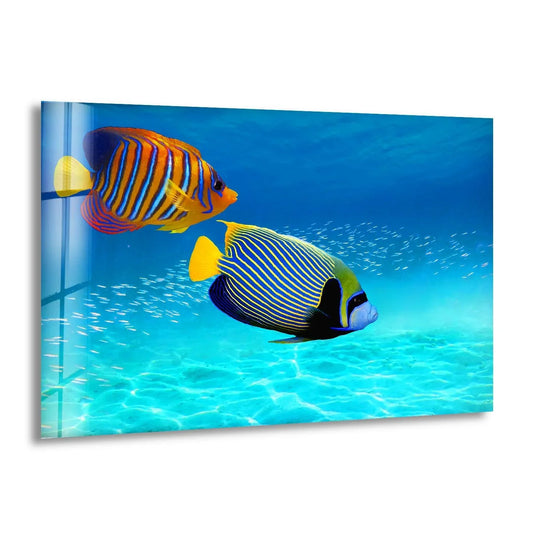 Animal glass wall art underwater with fishes and aquarium decor and vibrant ocean glass decor