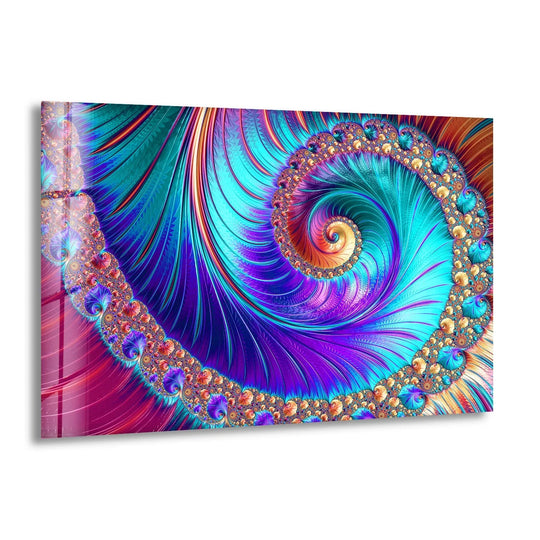 Vibrant abstract fractal spiral wall art with turquoise, purple, and gold tones on glossy glass, creating a dynamic and modern decorative statement.
