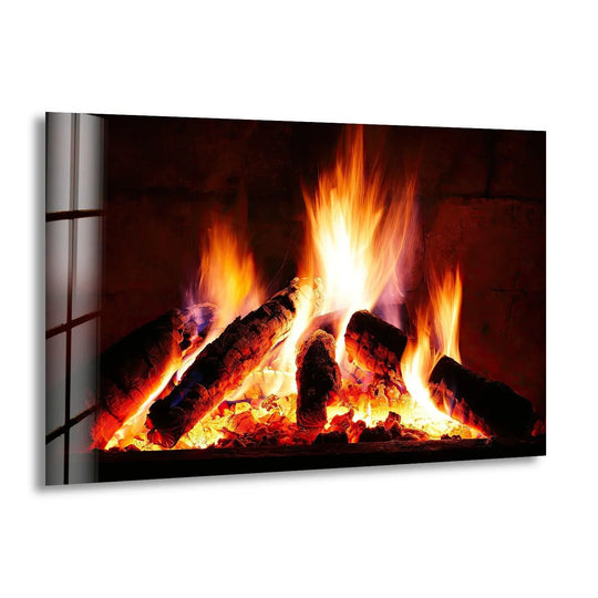 Burning logs and vibrant flames fill this striking art from glass fireplace scene.