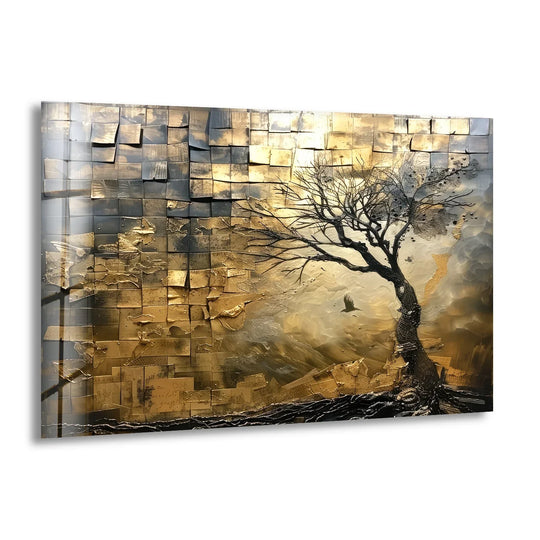 Faded Forest glass wall art shows a golden abstract tree with a bird and is perfect for abstract art lovers and those seeking forest wall art