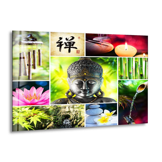 Significant negative space surrounds the central Buddha and Zen spa stones elements in this art from glass wall decor, emphasizing the serene atmosphere of the multi-image composition.