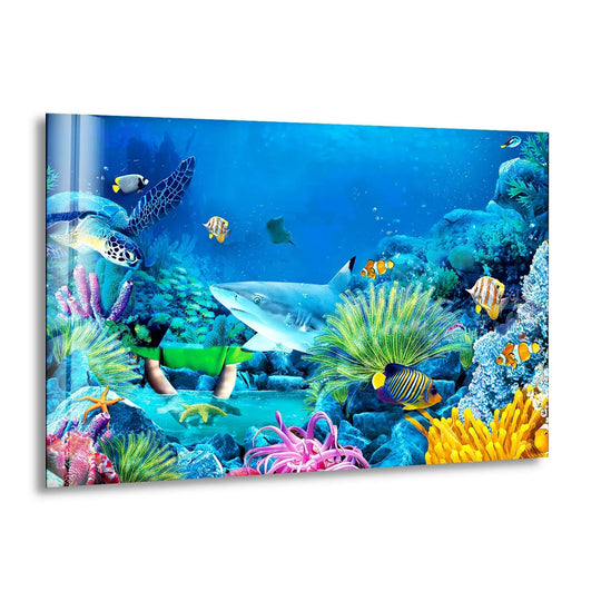 A vibrant tropical aquarium glass wall art print evokes a serene and awe-inspiring underwater mood.
