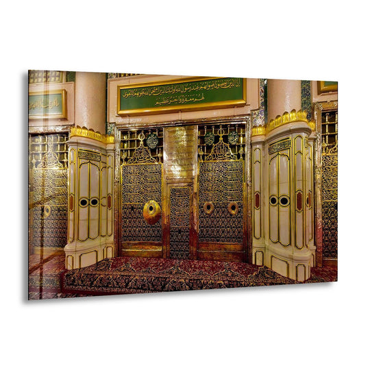 Religion Masjid and Nabawi Islamic glass wall art gold and brown tones and Islamic painting plus spiritual Islamic decor and elegant home accent