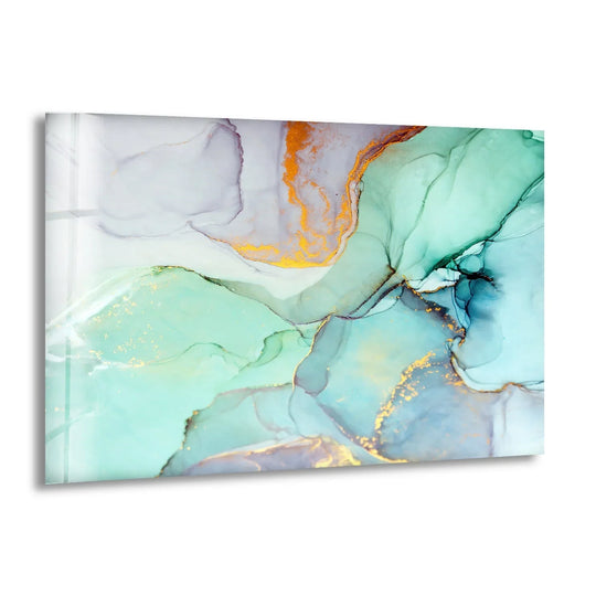 Detailed glass printing showcases swirling mint and navy abstract art with shimmering gold accents.