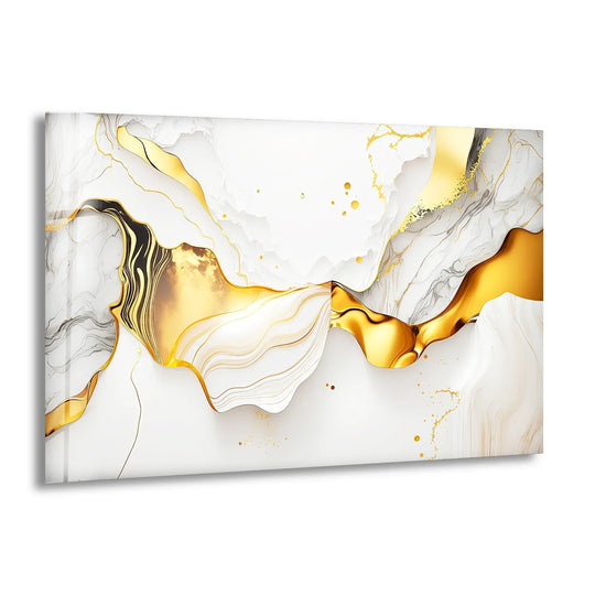 A dynamic abstract focal point of flowing gold on white marble glass wall art, a unique modern wall decor.