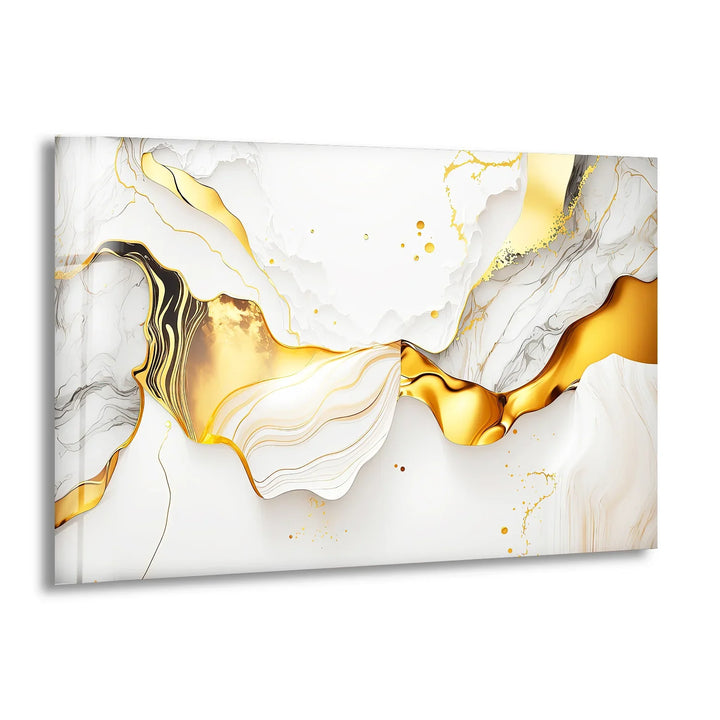 White and Gold Abstract Wall Art – Luxury Fluid Marble Glass Print for Modern Glam Interiors and Chic Living Spaces - MyPhotoStation