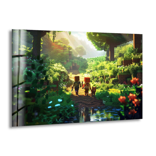 Warm sunlight streams through a verdant pixel forest adventure scene, creating a calming color temperature in this best glass art for a modern space.