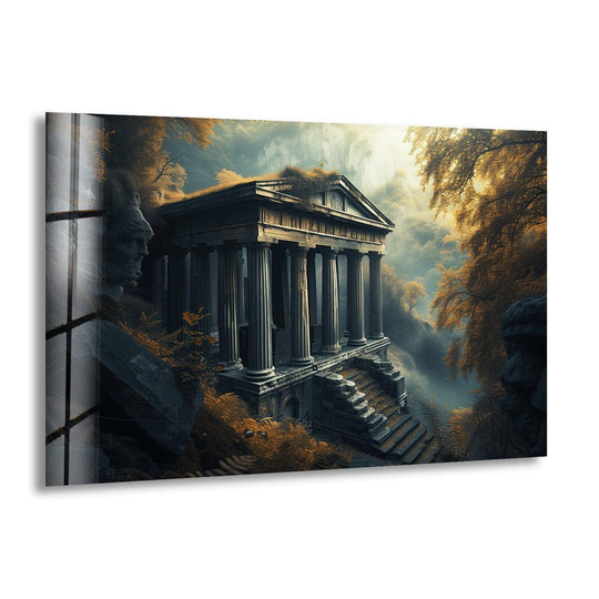 Deeply layered, the Olympus Temple glass wall art showcases a stunning scene, highlighting the depth achieved through glass printing and the temple's multiple perspectives.