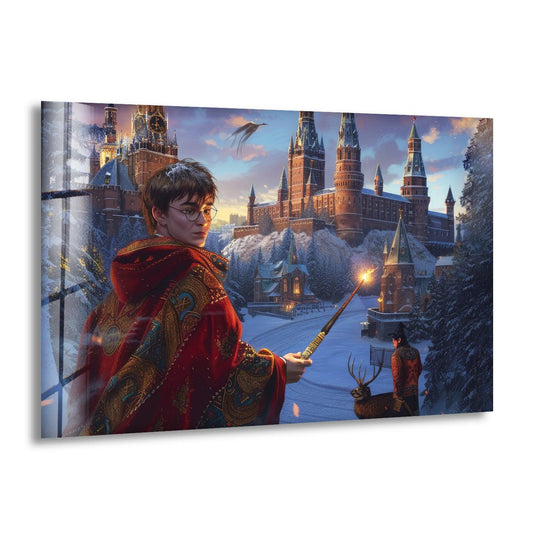 Repetitive towers and snowy evergreens create a wintery visual rhythm within this enchanting Young Wizard With Wand Magical Castle art from glass.