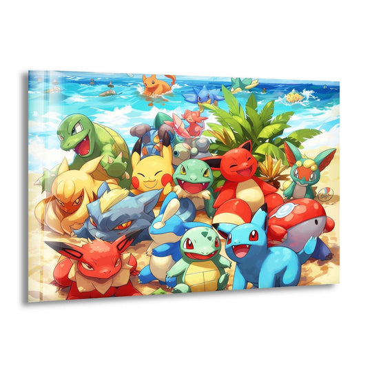 Cheerful tropical beach squad glass wall art evokes a mood of joyful relaxation, offering unique modern wall decor with a vibrant and energetic cartoon scene.