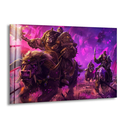 Shining from the corner is the best glass art highlighting the warriors and their beasts in the purple storm of this dramatic glass wall art.
