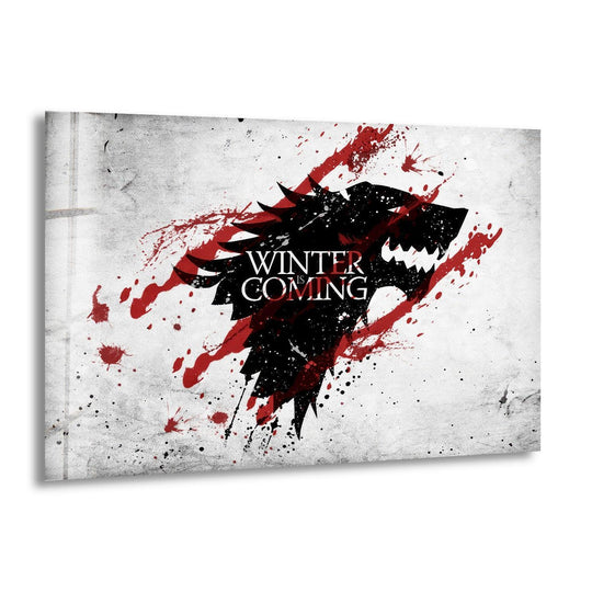 Highlighting the edge, this Winter Wolf Emblem minimalist art from glass features a clean border and emphasizes the vivid red splashes and stark black wolf emblem.